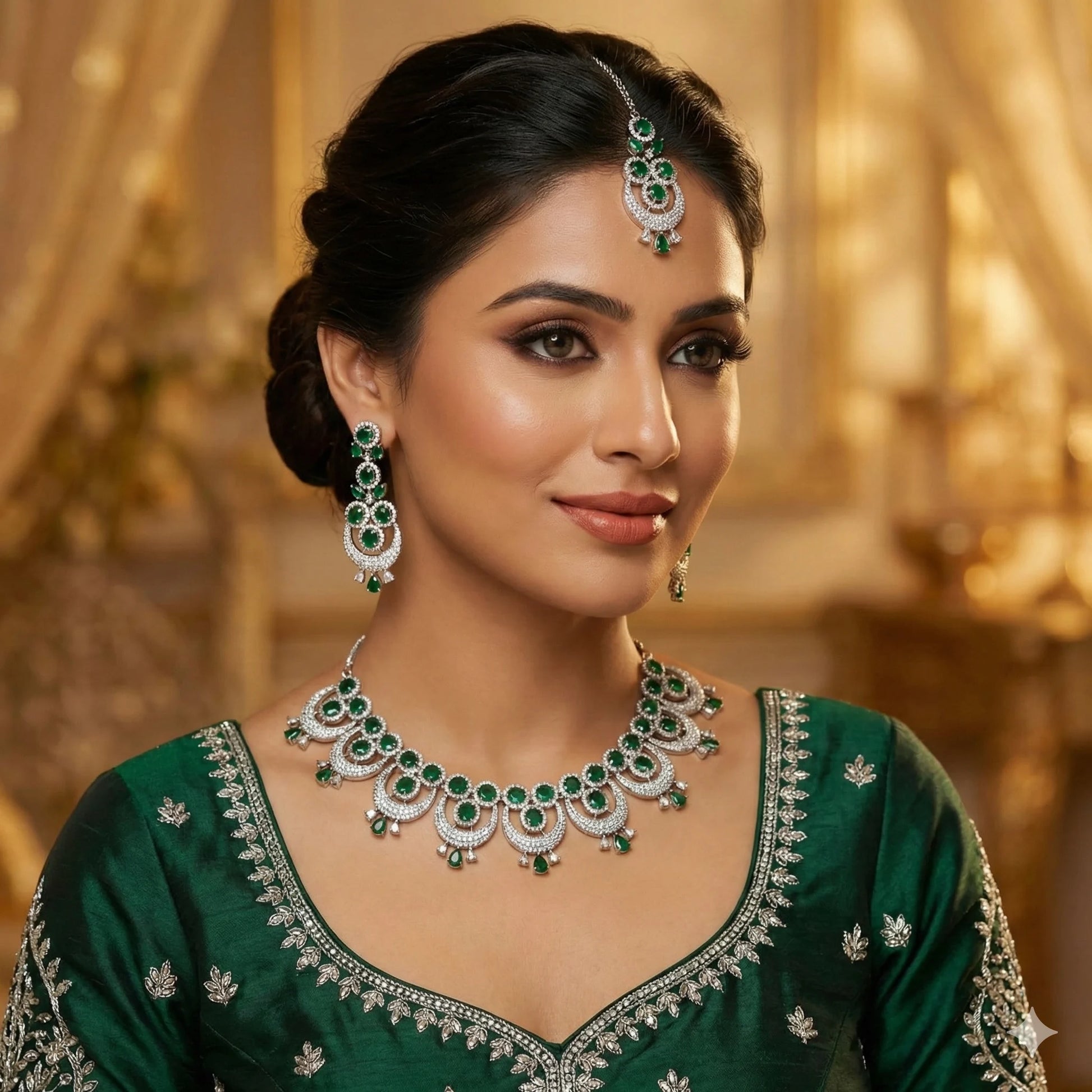 Emerald Bridal Jewellery Set – Worn View | American Diamond Jewellery | Carryallco India
