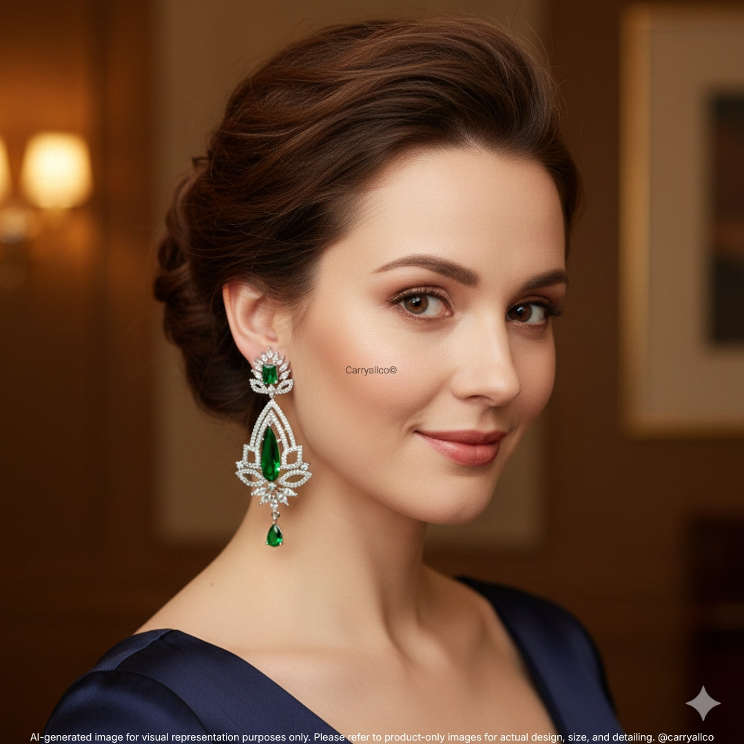 Emerald Crystal Floral American Diamond Long Earrings | CARRYALLCO