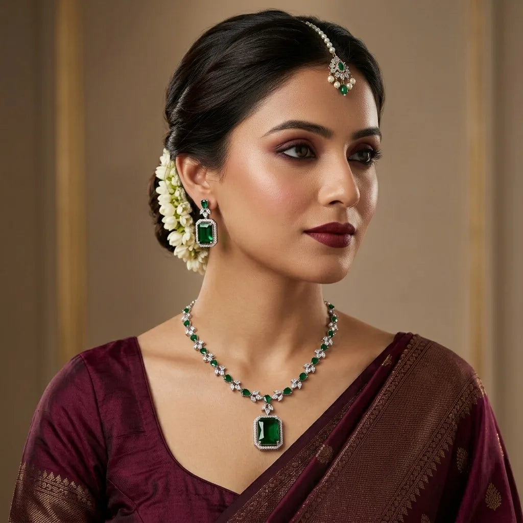 Emerald Glory American Diamond Necklace Set