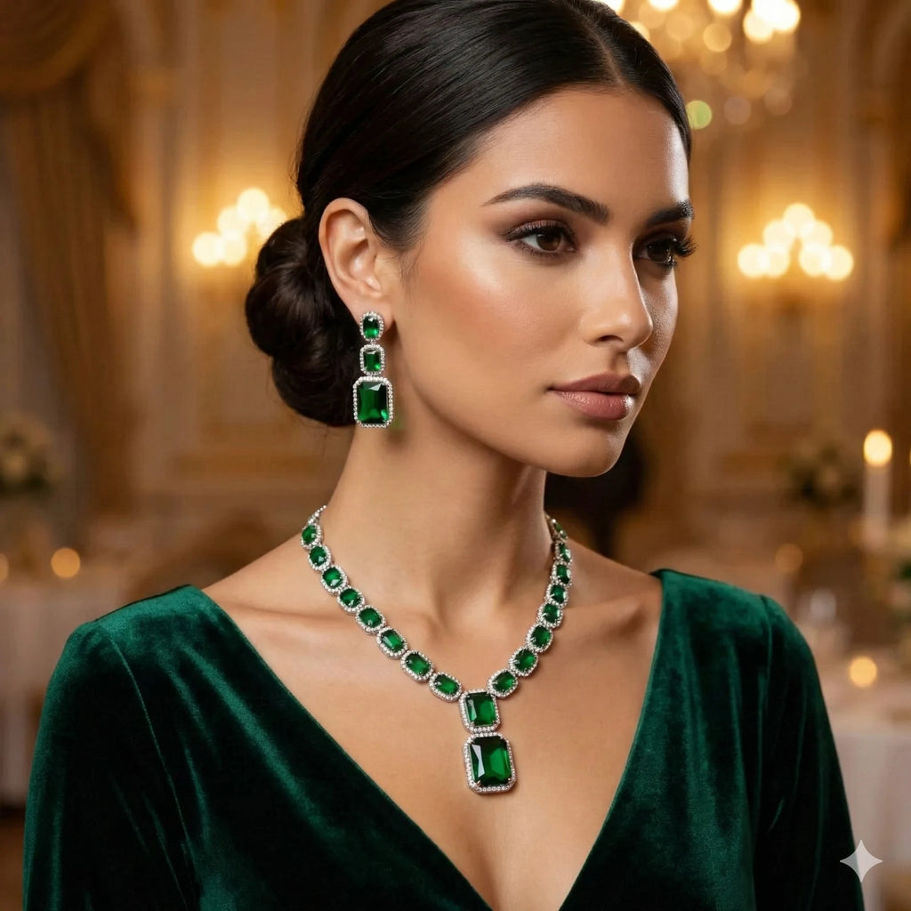 Carryallco Emerald American Diamond Necklace Set