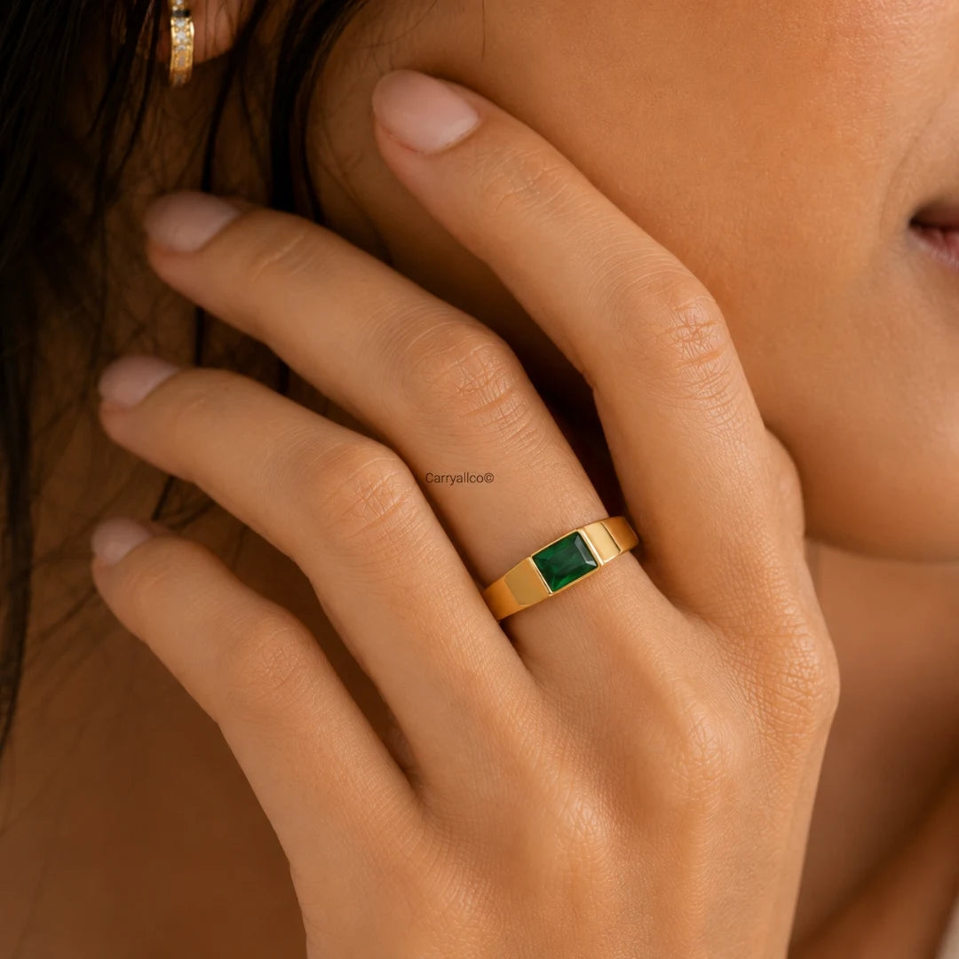 Emerald Green Baguette Dome Signet Ring