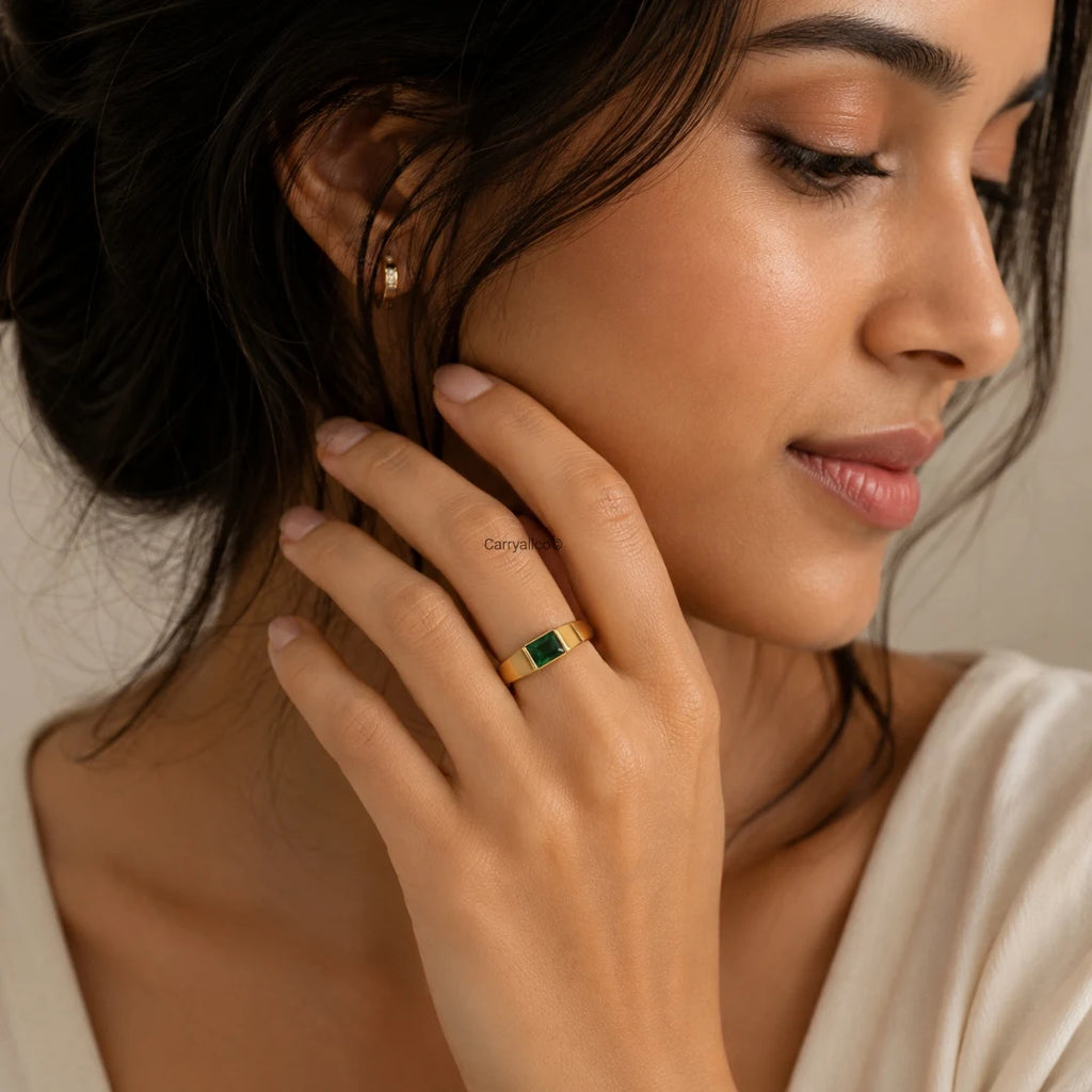 Emerald Green Baguette Dome Signet Ring