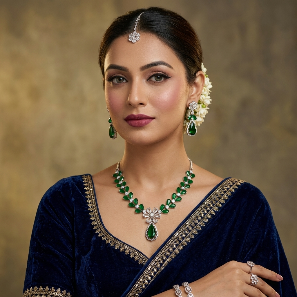 Emerald Green Marquise American Diamond Necklace Set