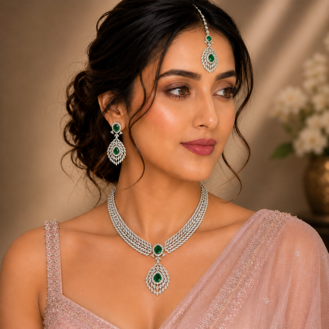 Emerald Green Marquise Leaf American Diamond Bridal Necklace Set