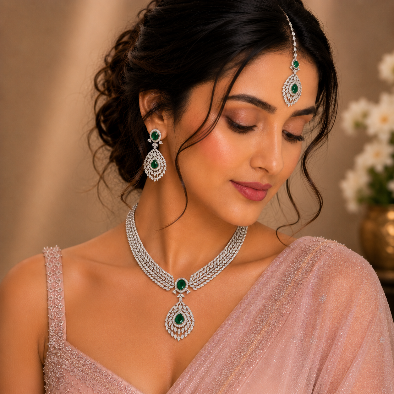 Emerald Green Marquise Leaf American Diamond Bridal Necklace Set – American Diamond | Carryallco India