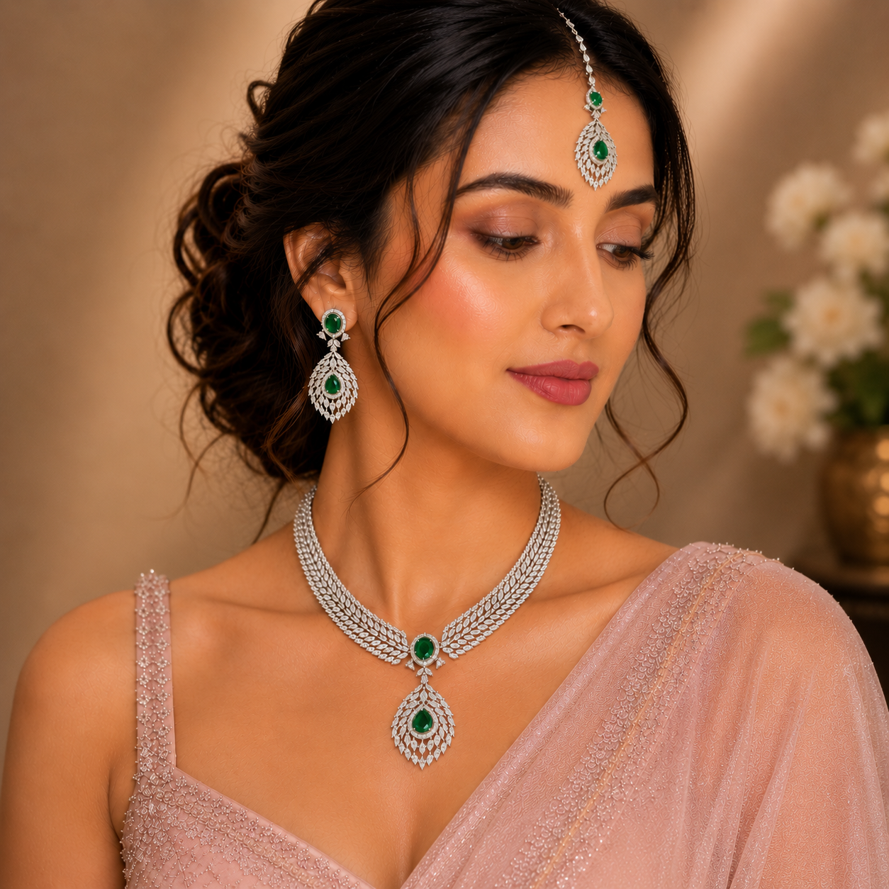 Emerald Green Marquise Leaf American Diamond Bridal Necklace Set – American Diamond | Carryallco India