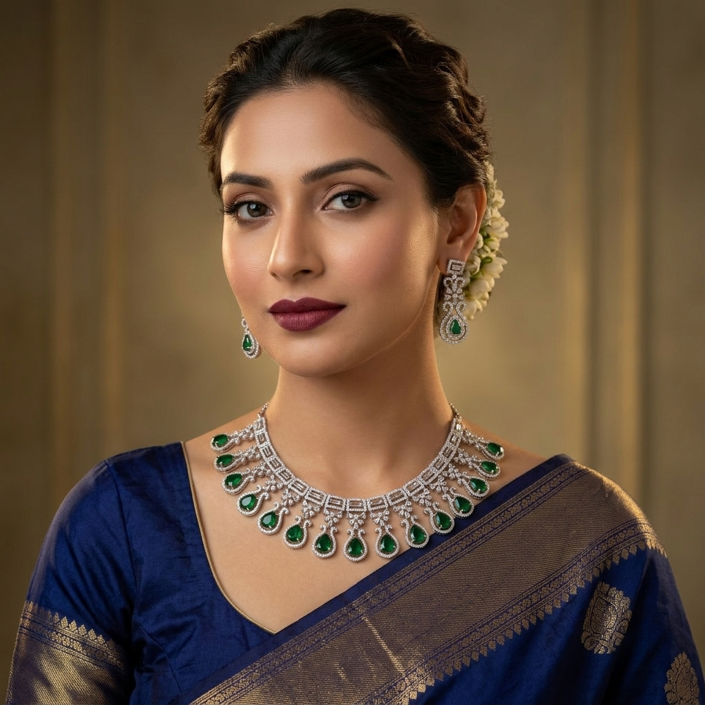 Emerald Green Teardrop American Diamond Bridal Necklace Set