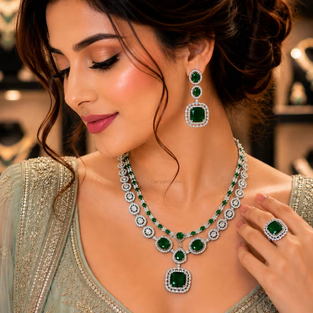 Emerald Splendor American Diamond Necklace Set | CARRYALLCO