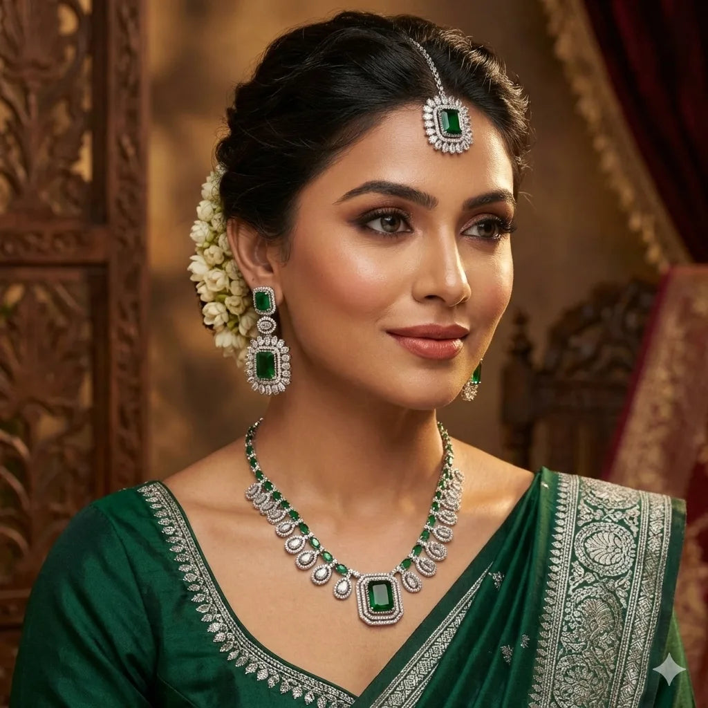 Woman wearing green traditional attire with jewelry against a decorative background