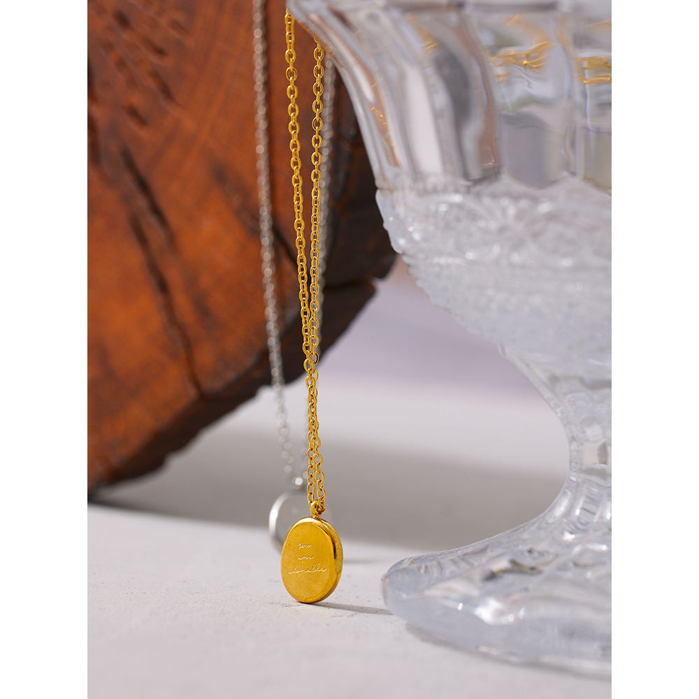 Engraved Oval Pendant Necklace