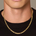 Gold chain necklace worn by a person against a neutral background