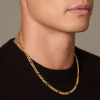 Gold chain necklace worn by a person against a neutral background