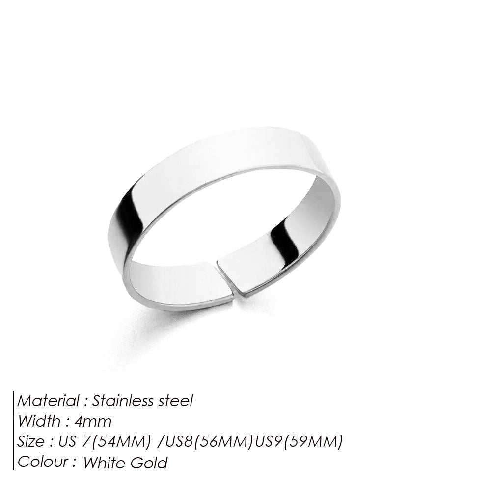 Silver ring with text detailing material, width, size, and color on a white background
