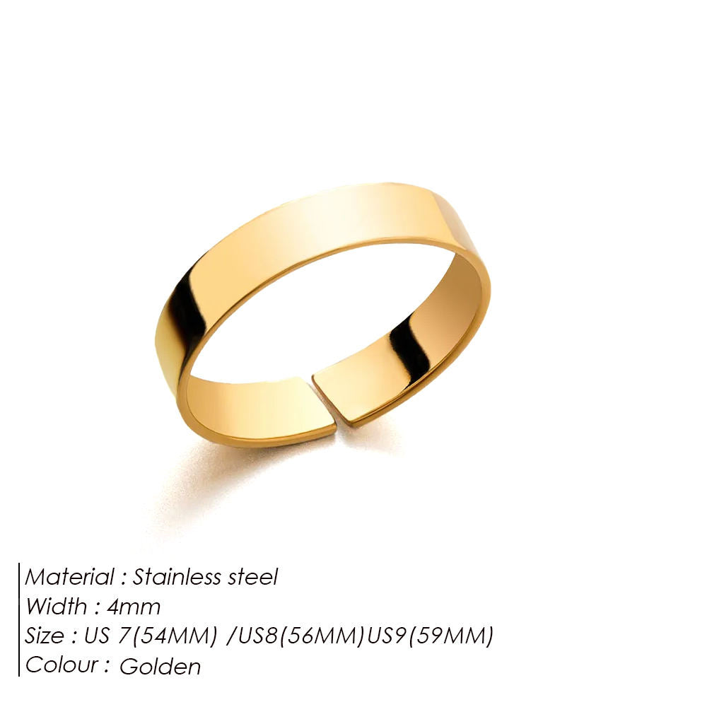 A polished gold-toned stainless steel adjustable ring band with a split clasp, shown on a white background with product specifications printed below.