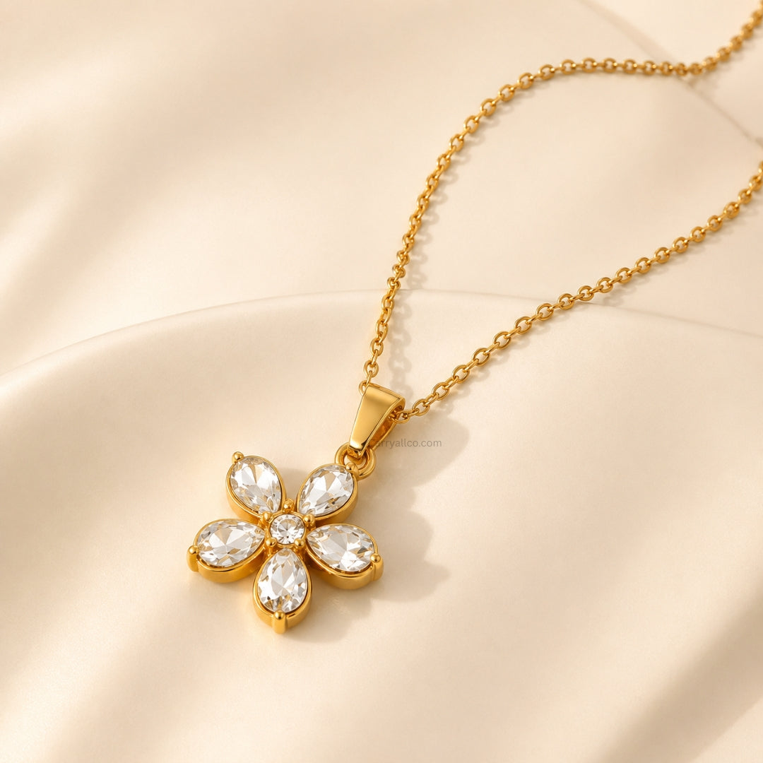 Flower Zircon Pendant Necklace | 18K Gold PVD | Carryallco