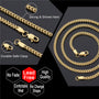 Gold braided chain necklace with a lobster clasp, shown on a black background with detail callouts and marketing text including 'Strong & Shines Hard,' 'Durable Safe Clasp,' and feature badges like 'No Fade,' 'Lead Free,' and 'High Quality.'.