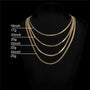 Four gold-toned chain necklaces displayed on a black mannequin bust against a black background, with white text labels showing lengths and weights: 18inch 17g, 20inch 20g, 22inch 22g, and 24inch 25g.