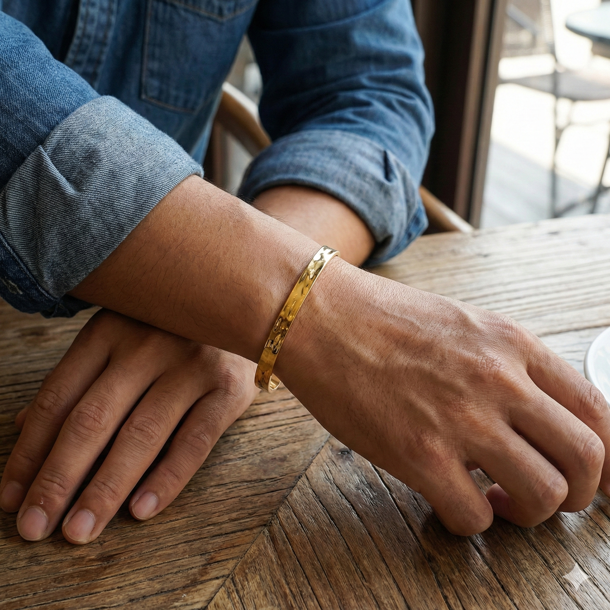 Hammered Gold Plated Stainless Steel Open Cuff Bracelet for Men | Demifine Jewelry