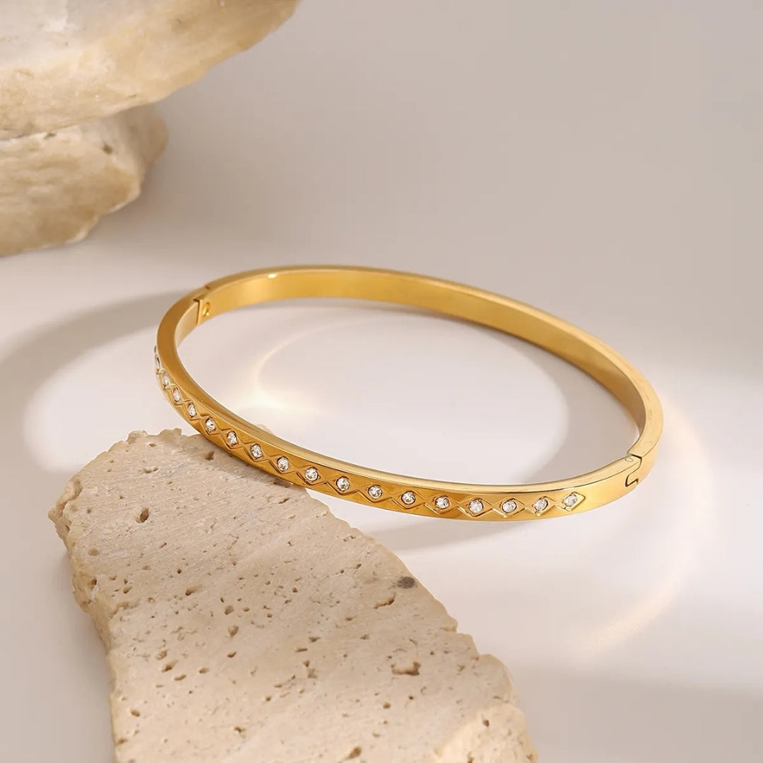 Gold Stainless Steel White Zircon Clasp Bangle – Elegant Sparkle Carryallco