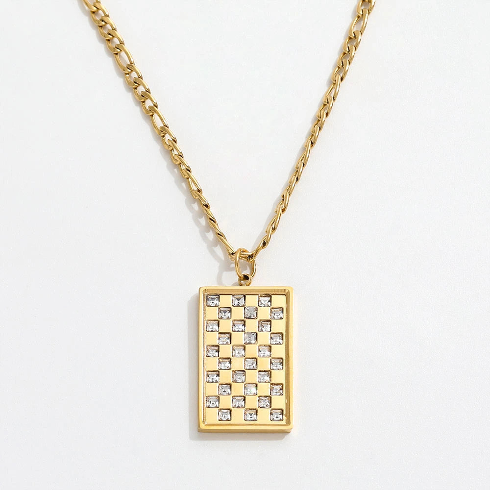 Gold Checkered CZ Rectangle Pendant Necklace
