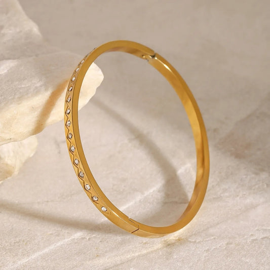 Gold Stainless Steel White Zircon Clasp Bangle – Elegant Sparkle