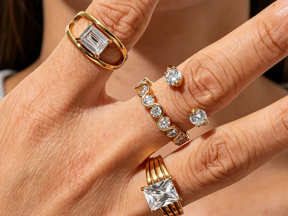 Hand wearing gold rings with clear gemstones on a neutral background