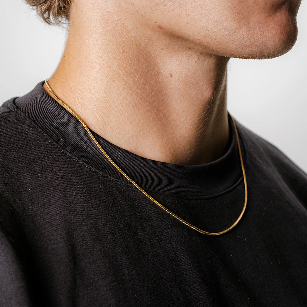 Close-up of a person wearing a black shirt with a gold necklace.