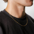 Close-up of a person wearing a black shirt with a gold necklace.