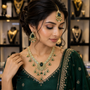 Woman wearing elaborate gold and green jewelry in a jewelry store setting