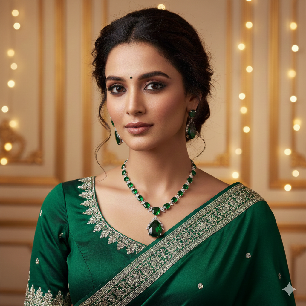 Woman in a green saree with jewelry against a warm-toned background