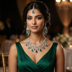 Woman wearing a green dress and emerald jewelry in a formal setting