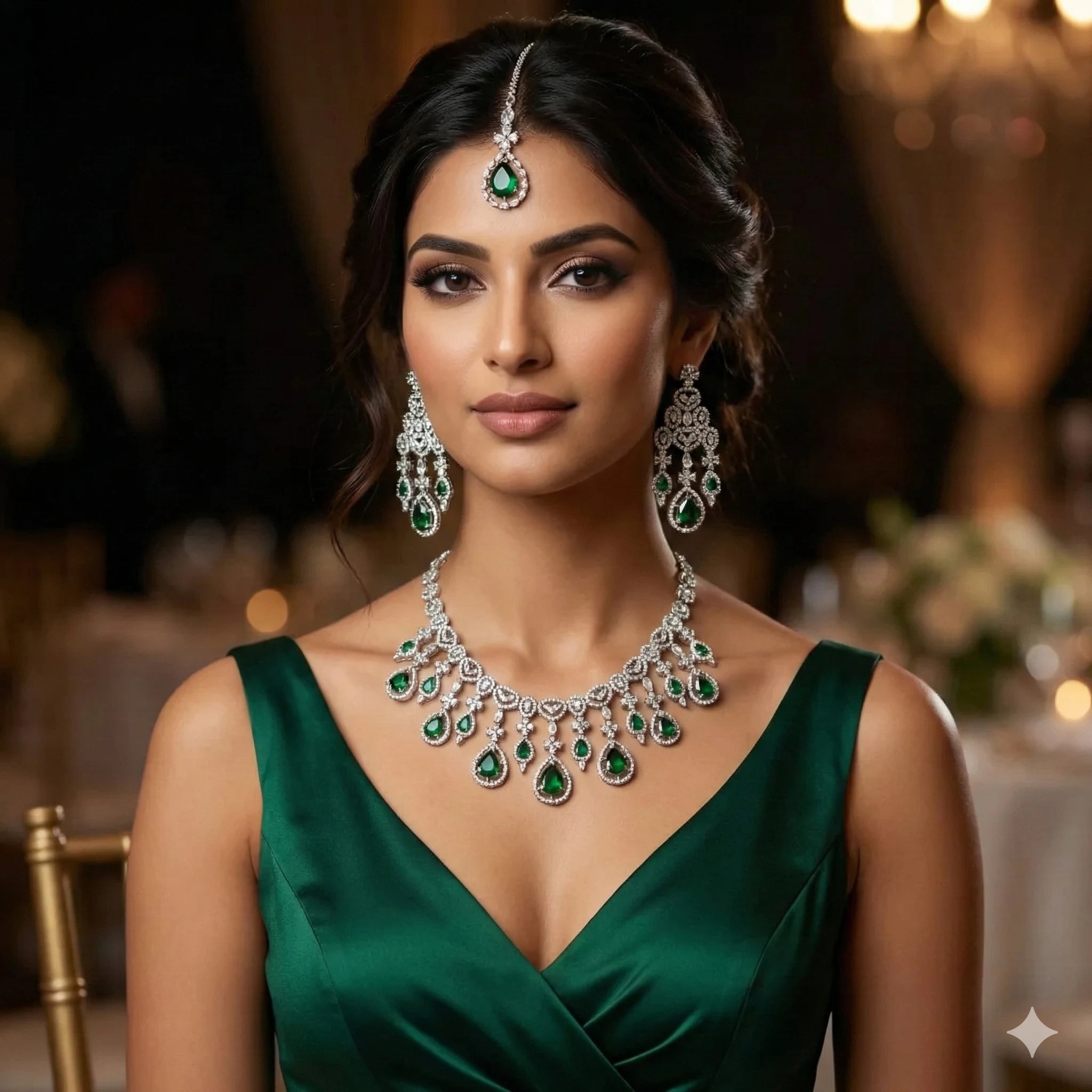 Woman wearing a green dress and emerald jewelry in a formal setting