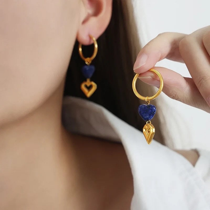 Heart Stone Drop Hoop Earrings