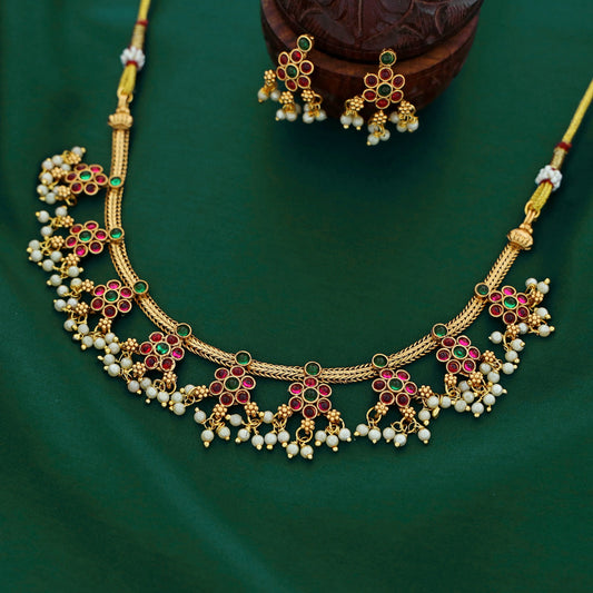 Carryallco South Indian Red Traditional Pearl Neckalce