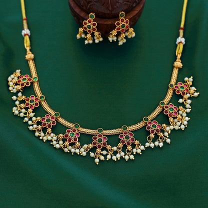 Carryallco South Indian Red Traditional Pearl Neckalce