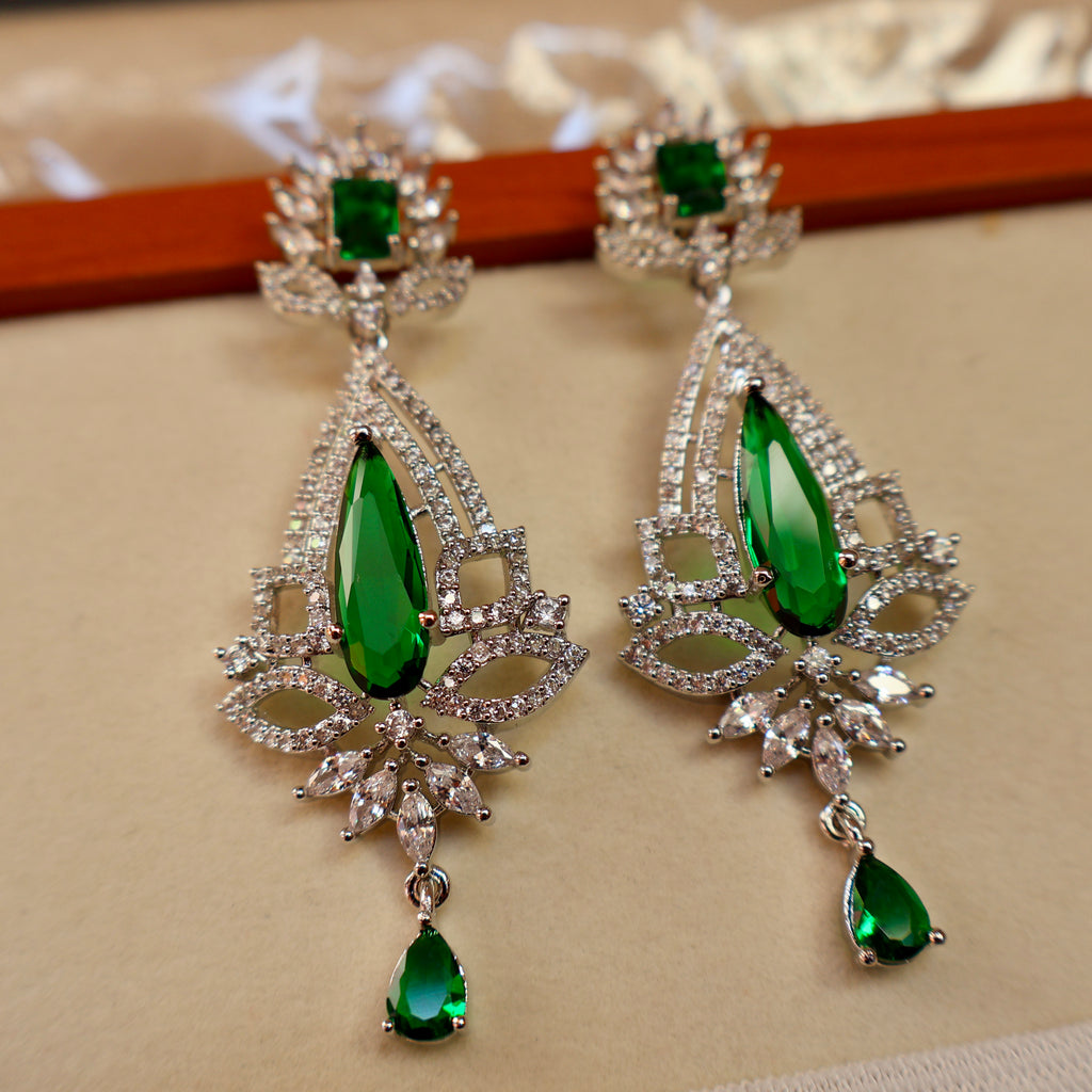 Emerald Crystal Floral American Diamond Long Earrings