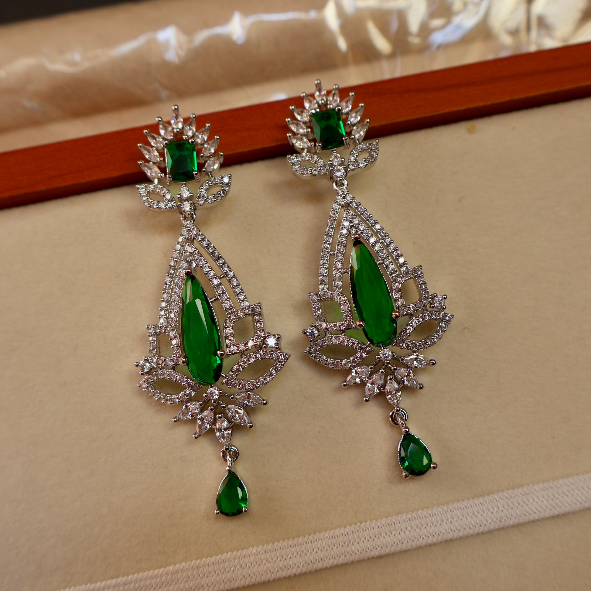 Emerald Crystal Floral American Diamond Long Earrings | CARRYALLCO