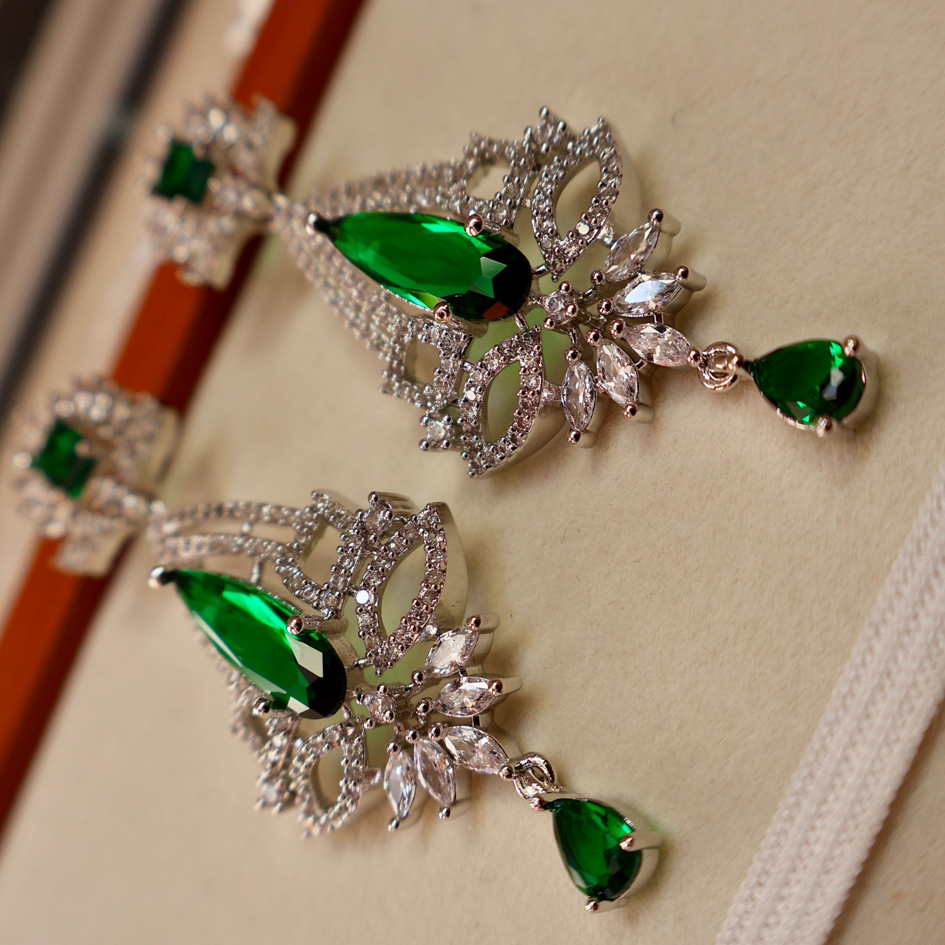 Emerald Crystal Floral American Diamond Long Earrings | CARRYALLCO