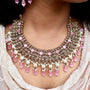 Antique Gold Reverse AD Pink Necklace Set with Maangtika – Detail View | 18K Gold Plated | Carryallco India