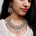 Carryallco Antique Gold-Plated Reverse AD Pink Necklace Set with Mangtika Carryallco