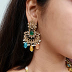 Carryallco Gold-Plated Reverse AD Multicolor Stones Necklace Set with Mangtika Carryallco