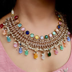 Carryallco Gold-Plated Reverse AD Multicolor Stones Necklace Set with Mangtika Carryallco