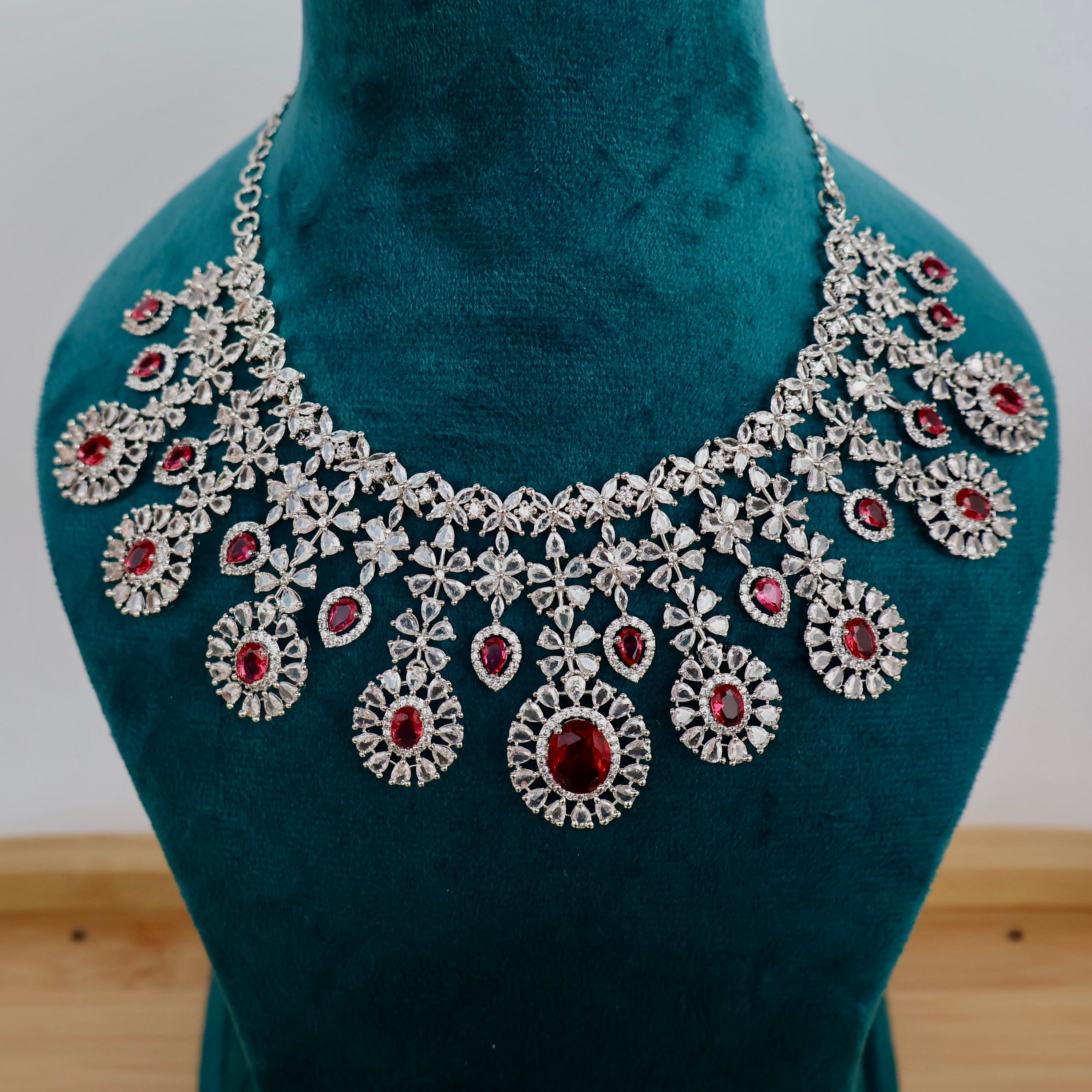 Carryallco Semi Bridal Red American Diamond Necklace Carryallco