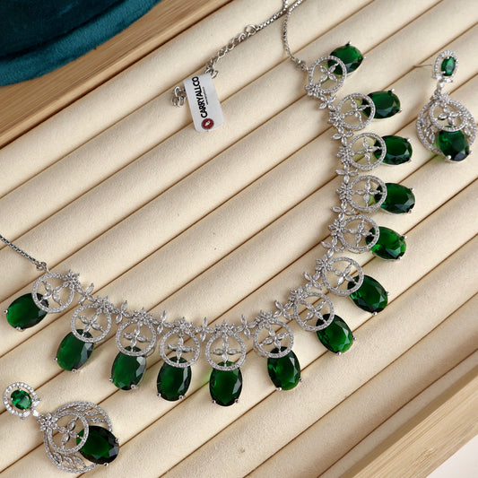 Carryallco Emerald Floral Embrace American diamond Neckalce Set
