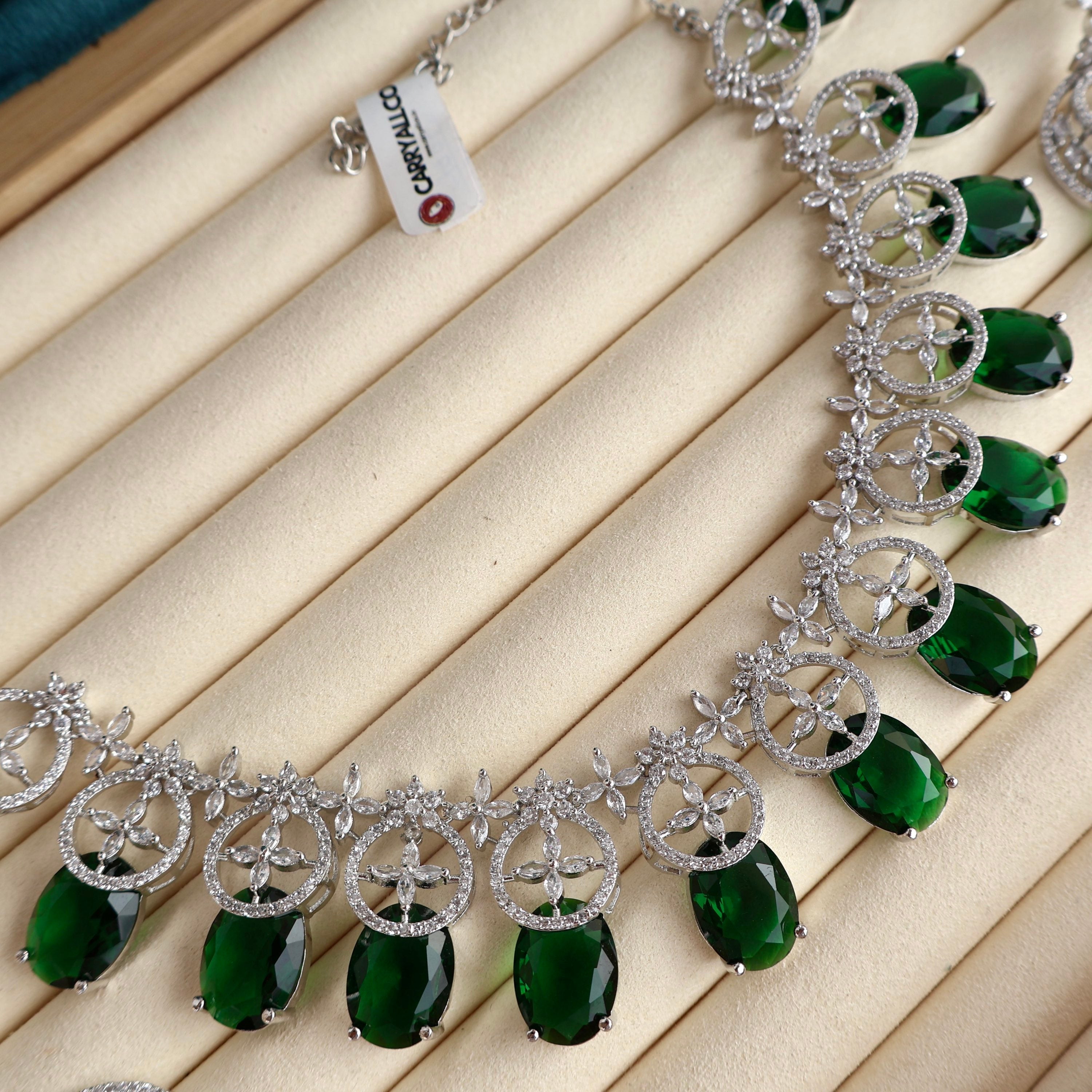 Emerald Floral American Diamond Necklace Set – American Diamond | Carryallco
