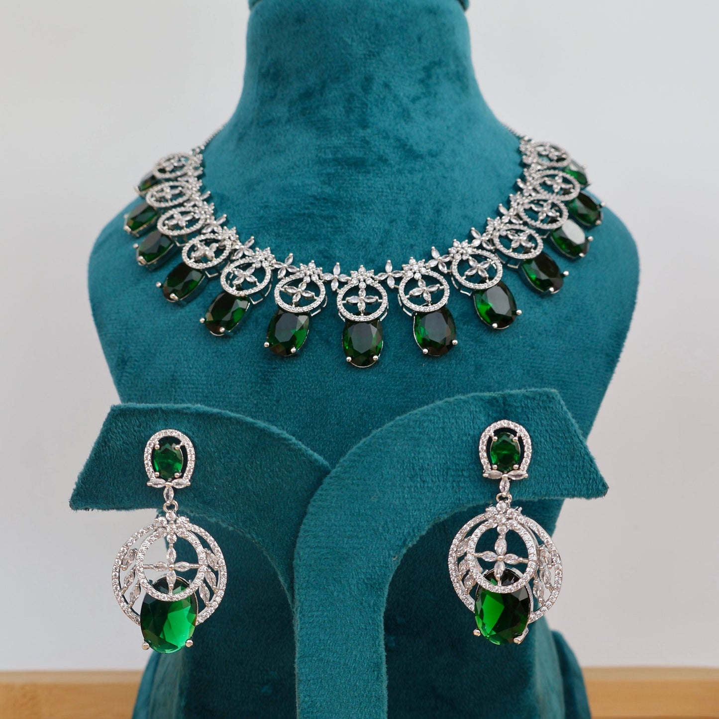 Carryallco Emerald Floral Embrace American diamond Neckalce Set
