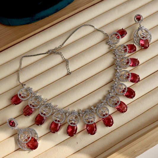 Carryallco Ruby Floral Embrace American Diamond Neckalce Set