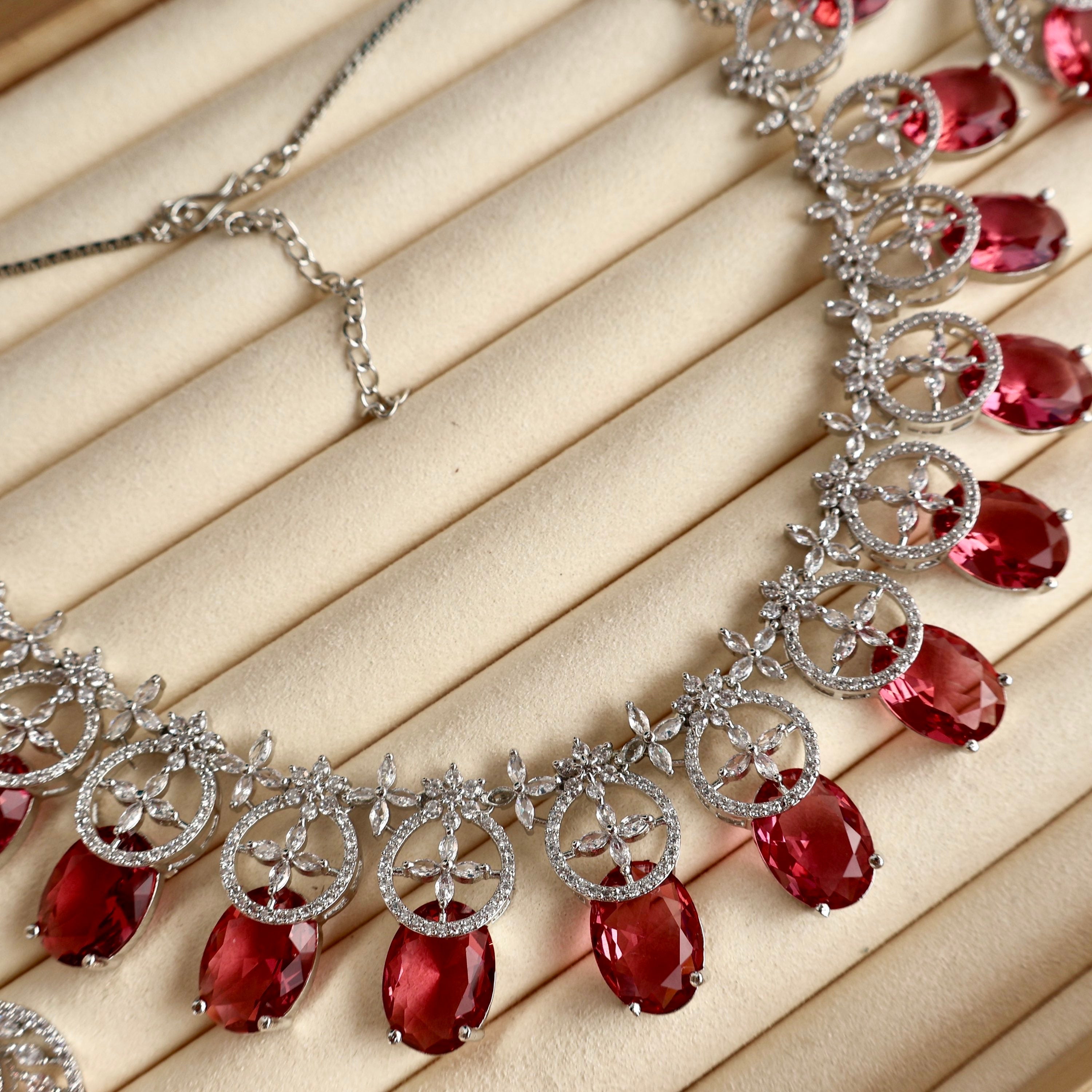 Ruby Floral Embrace American Diamond Necklace Set – American Diamond | Carryallco