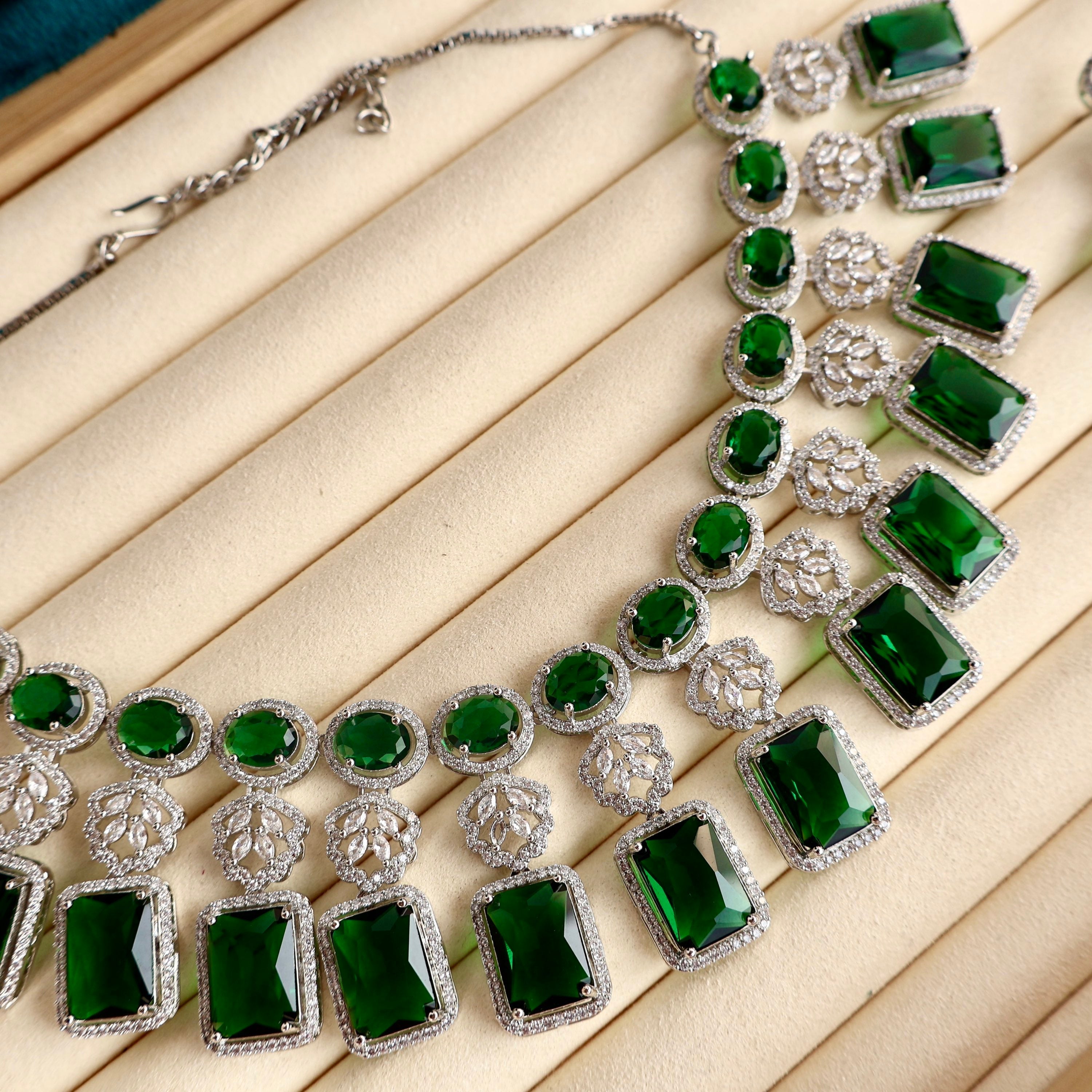 Emerald Blossom 3-Layer American Diamond Necklace Set – American Diamond | Carryallco