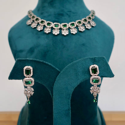 Carryallco Green Emerald & American Diamond Floral Cascade Necklace